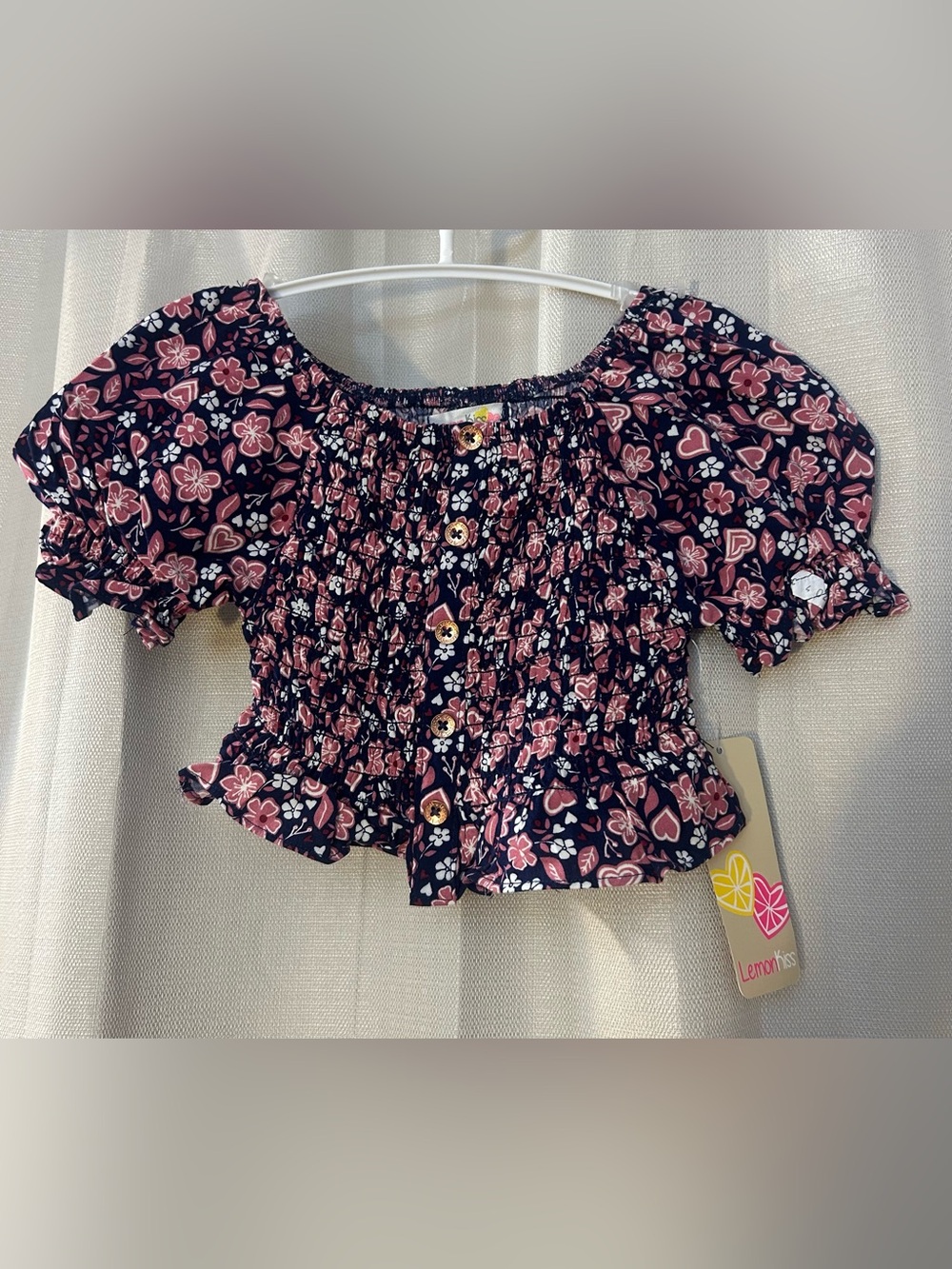 Lemon Kiss Girls Smocked Peasant Crop Top Navy Pink Floral Puff Sleeve Size 4